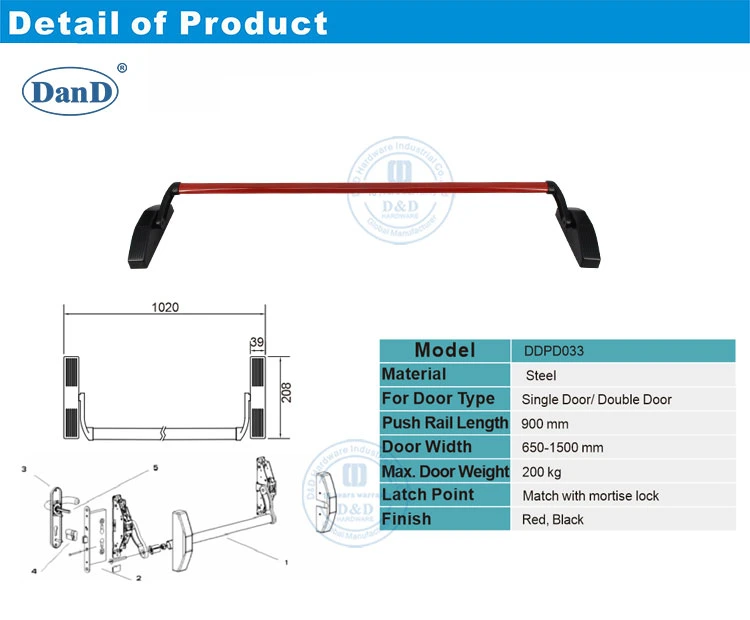 Commercial Door Hardware Lock Push Bar European Panic Bar Black Red Rod Traditional Steel Material Cross Bar Type Emergency Exit Device Panic Bar